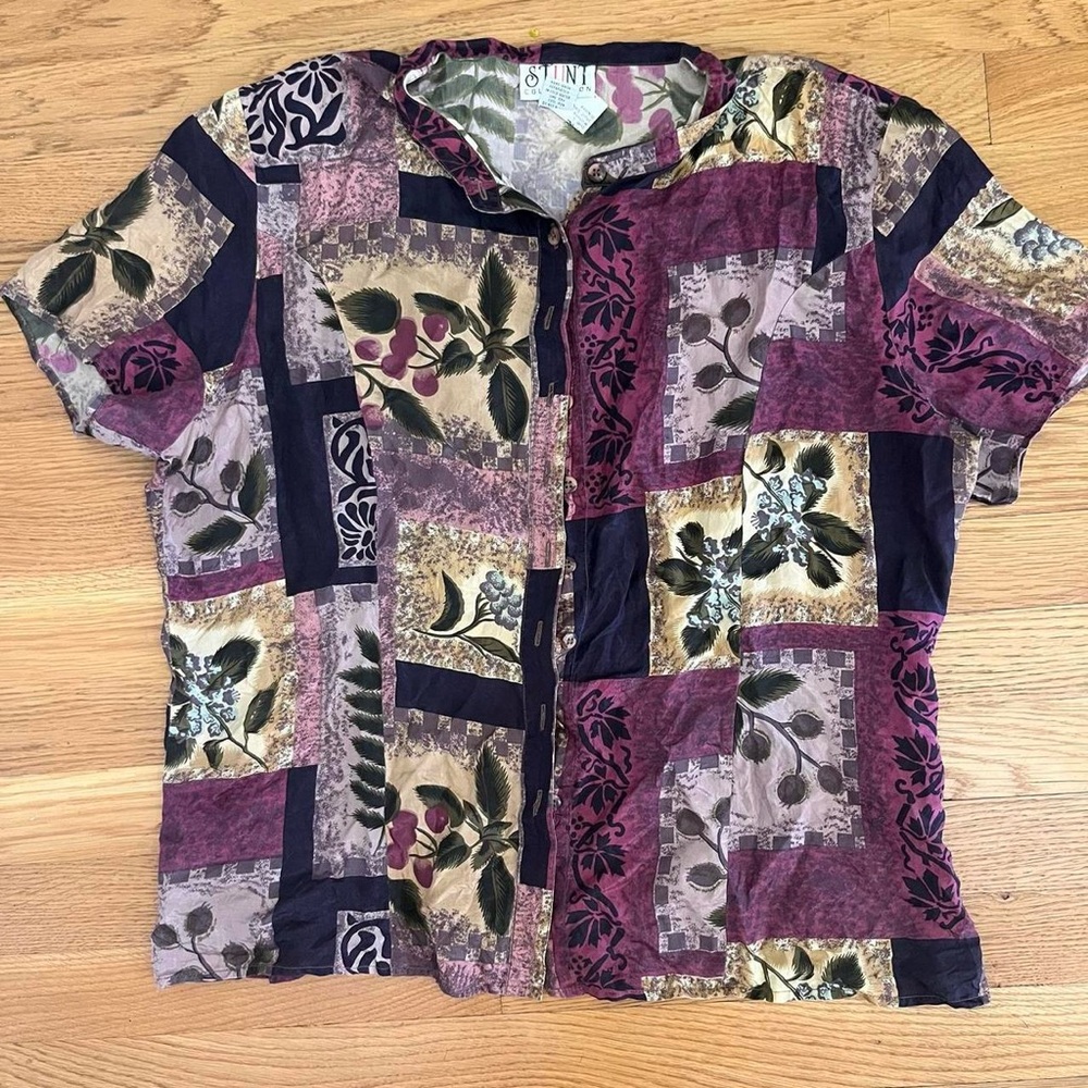 Vintage Patchwork Button-Down Shirt 100% Silk Pur… - image 1